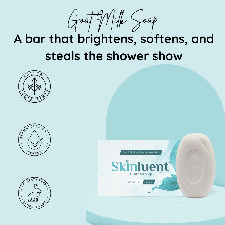 Goat milk soap with packaging on a light blue background, featuring Skinluent branding.