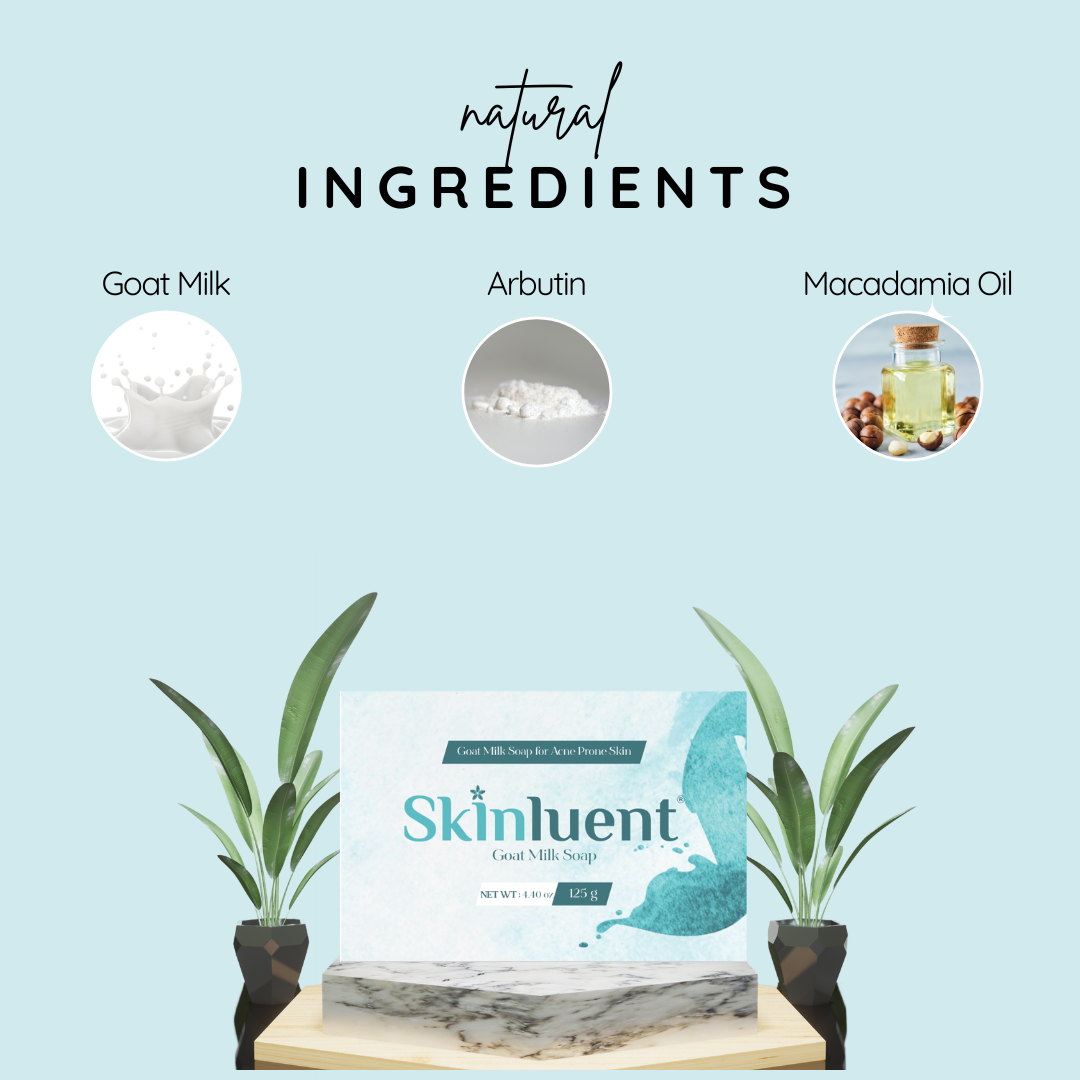 Skinluent goat milk soap with natural ingredients displayed on a light blue background